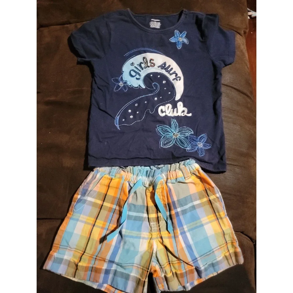 Gymboree tropical bloom‎ girls surf club top and plaid shorts size 7